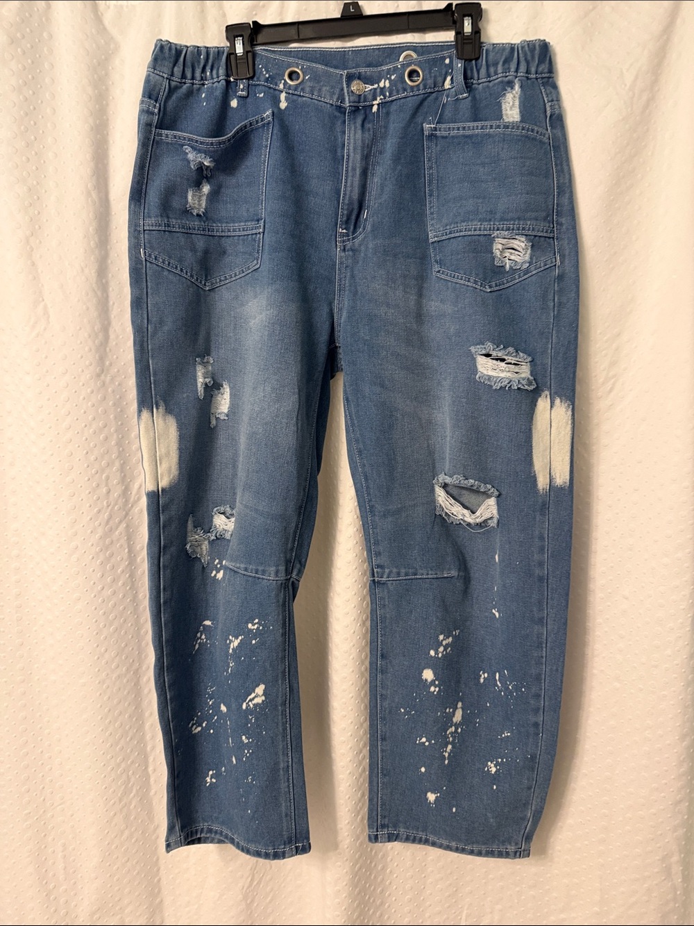 Distressed Boyfriend Jeans in Blue with Patch Pockets Size XL